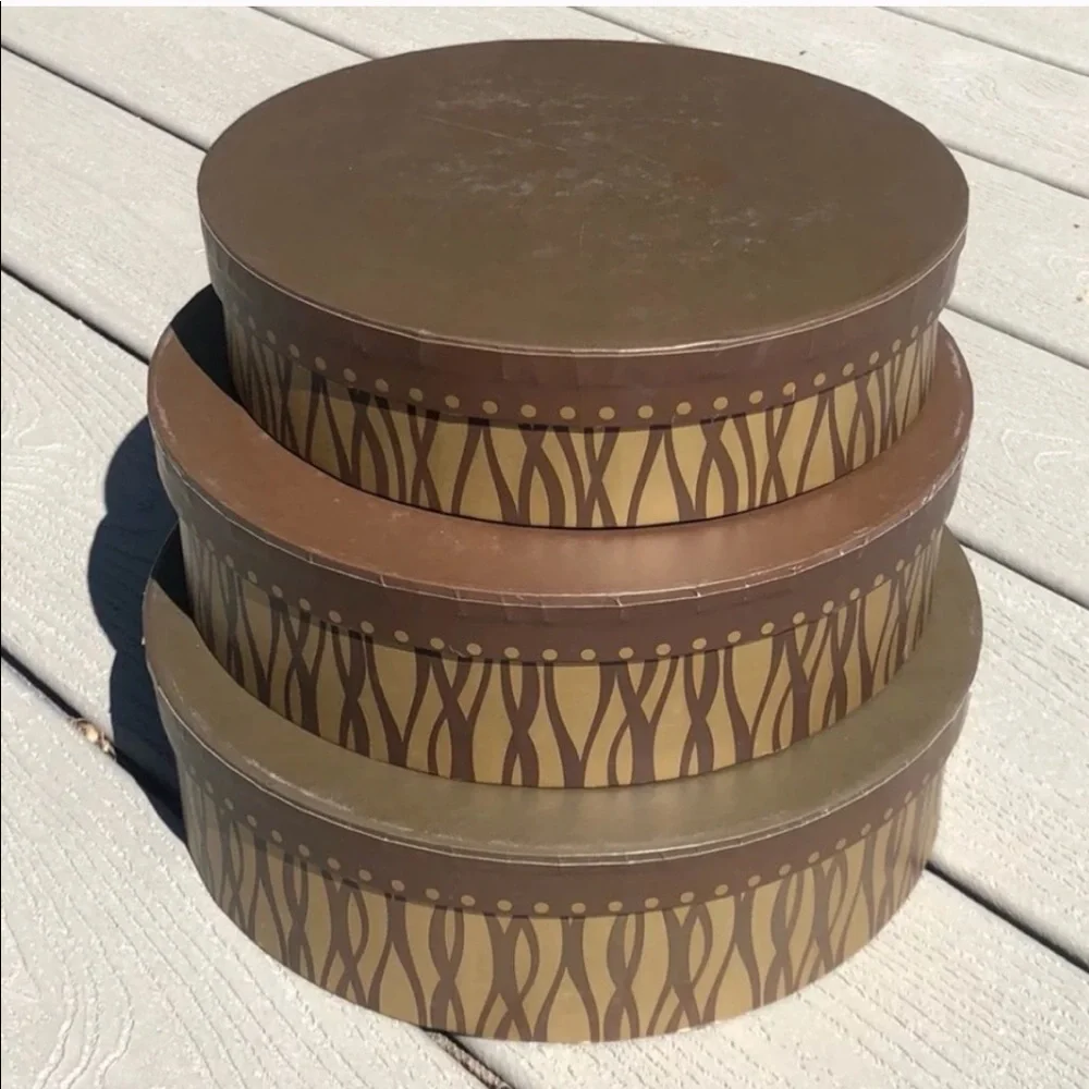 Brown & Gold Nesting Decorative Box Set | Round Storage Boxes | Boho Home Decor